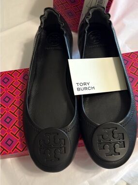 Tory Burch Black Leather Logo Round-Toe Ballet Flats